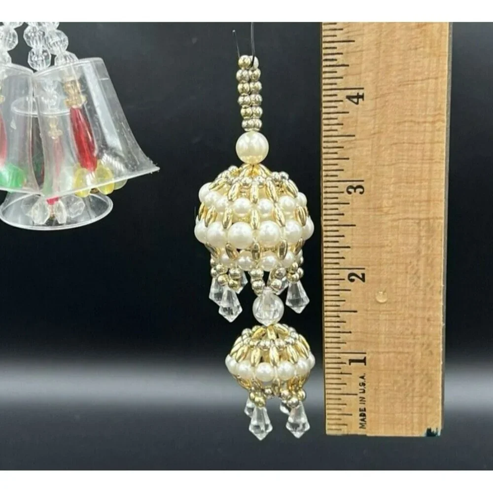 VTG Handmade Christmas Ornaments Bells Set of 7 Acrylic Beads Pink Silver Gold‎